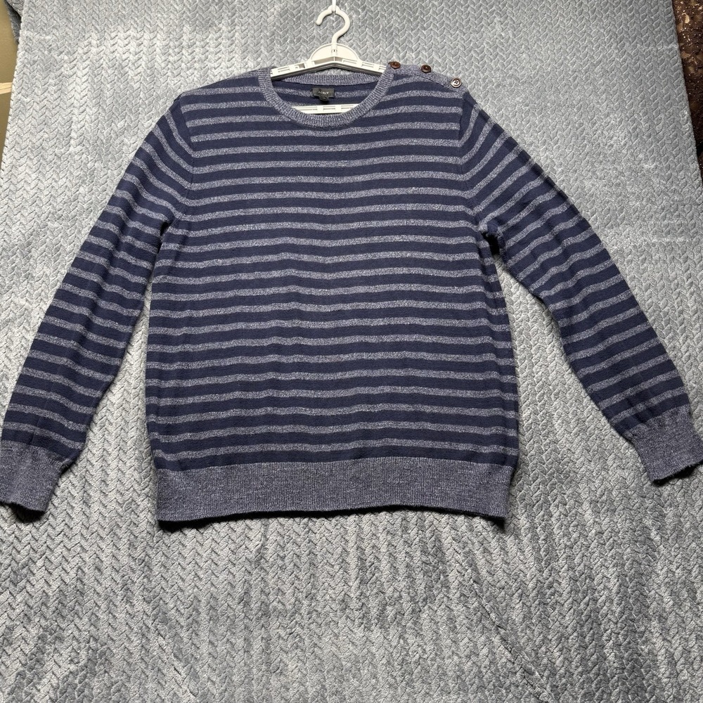 J.Crew Men's XL Sweater Striped Button‎ Shoulder Navy Gray 100% Cotton Soft